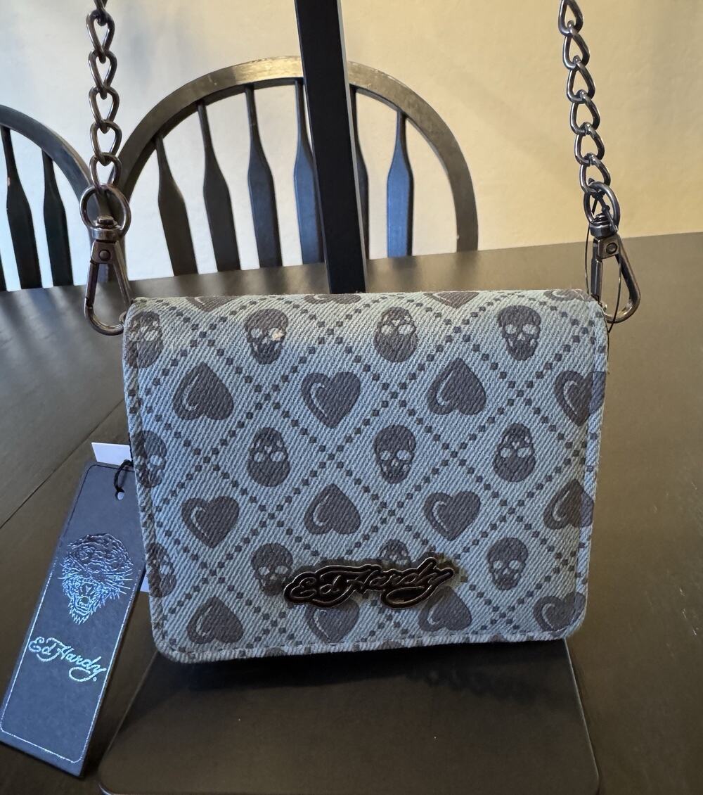 NWT Ed Hardy Blue Skull And Heart Crossbody Bag